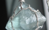 Raw fluorite octahedron crystal pendant wire wrapped in sterling silver & silver necklace