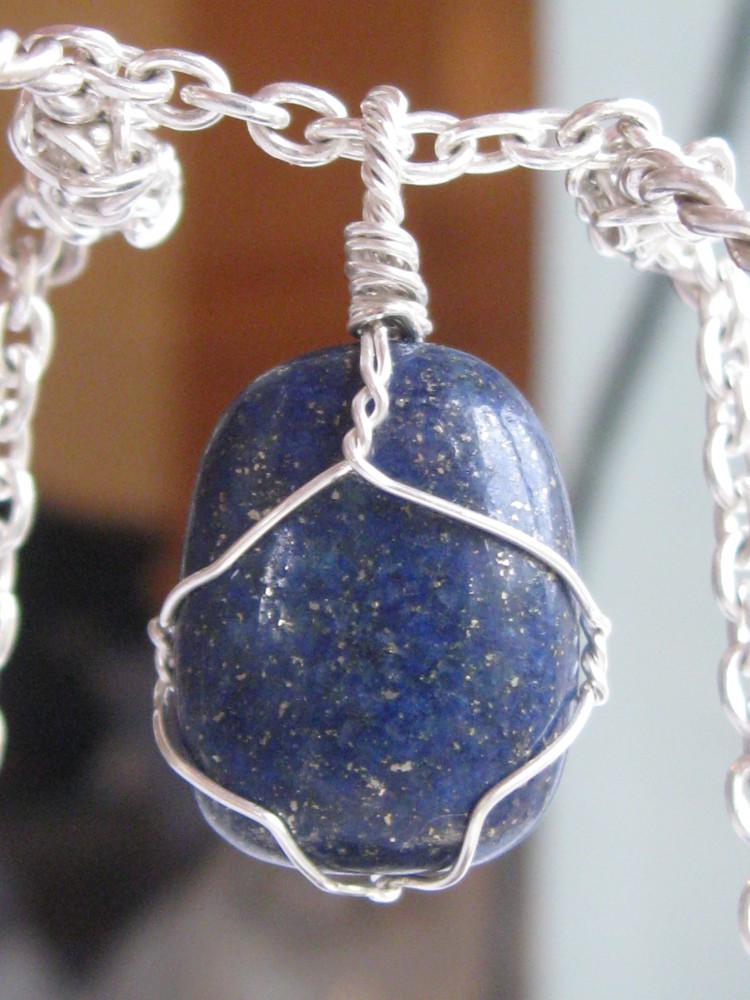 Lapis lazuli stone pendant wire wrapped in sterling silver & silver necklace