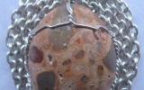 Leopardskin jasper pendant wire wrapped in sterling silver & silver necklace