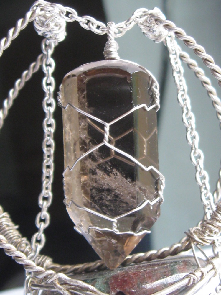 Smoky quartz pendant wire wrapped in sterling silver & silver necklace